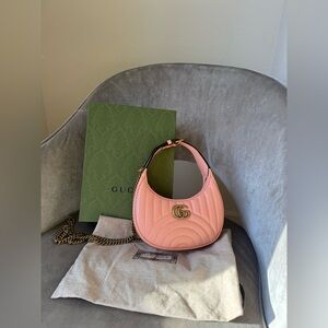 GUCCI Mini GG Marmont Half Moon Shoulder Bag Pink Chain Crossbody